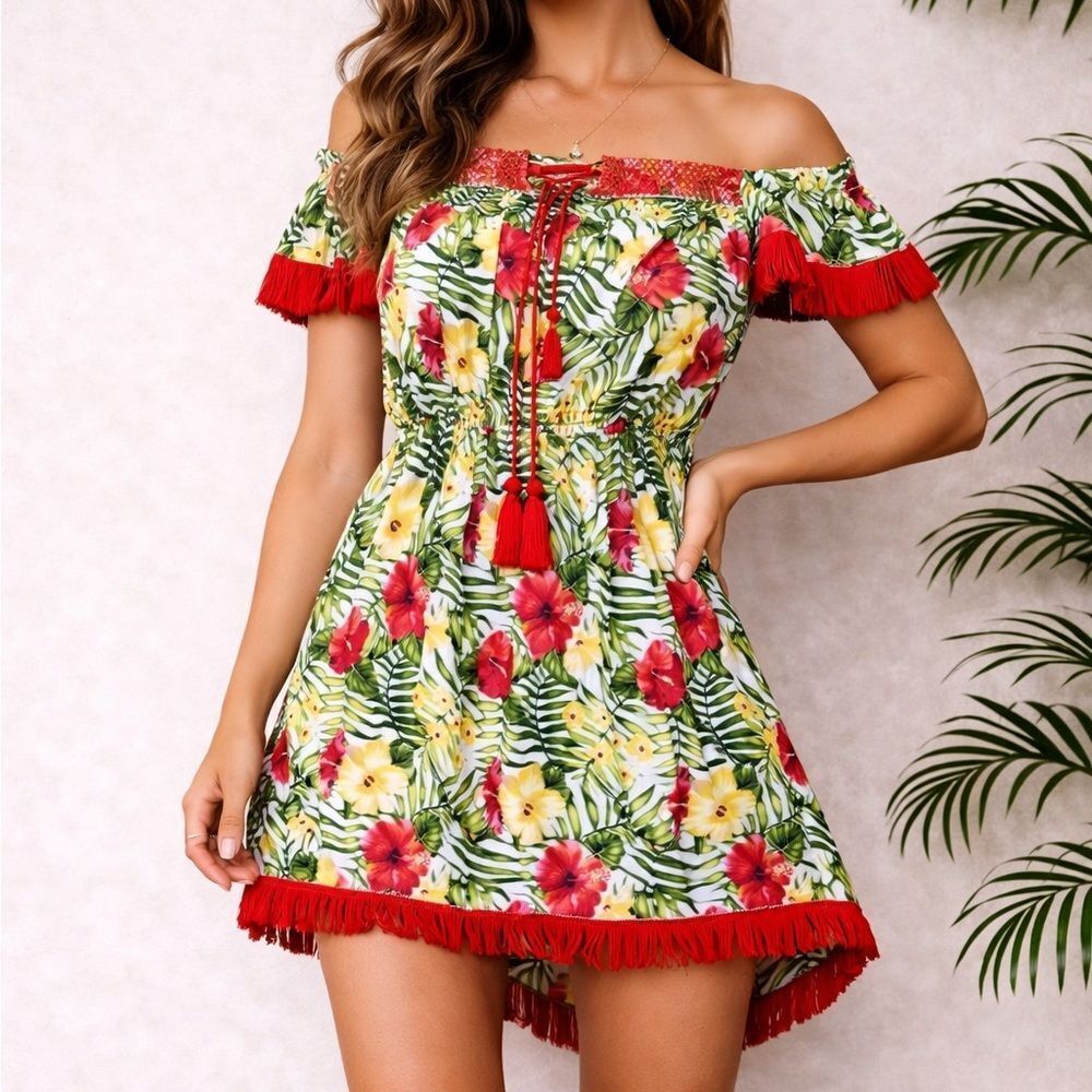 XOXO Tropical Off Shoulder Dress Fringe Trim Floral Boho S M